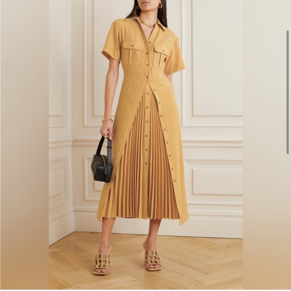 A.L.C. Florence Tan Layered Pleated Crepe Midi Dress